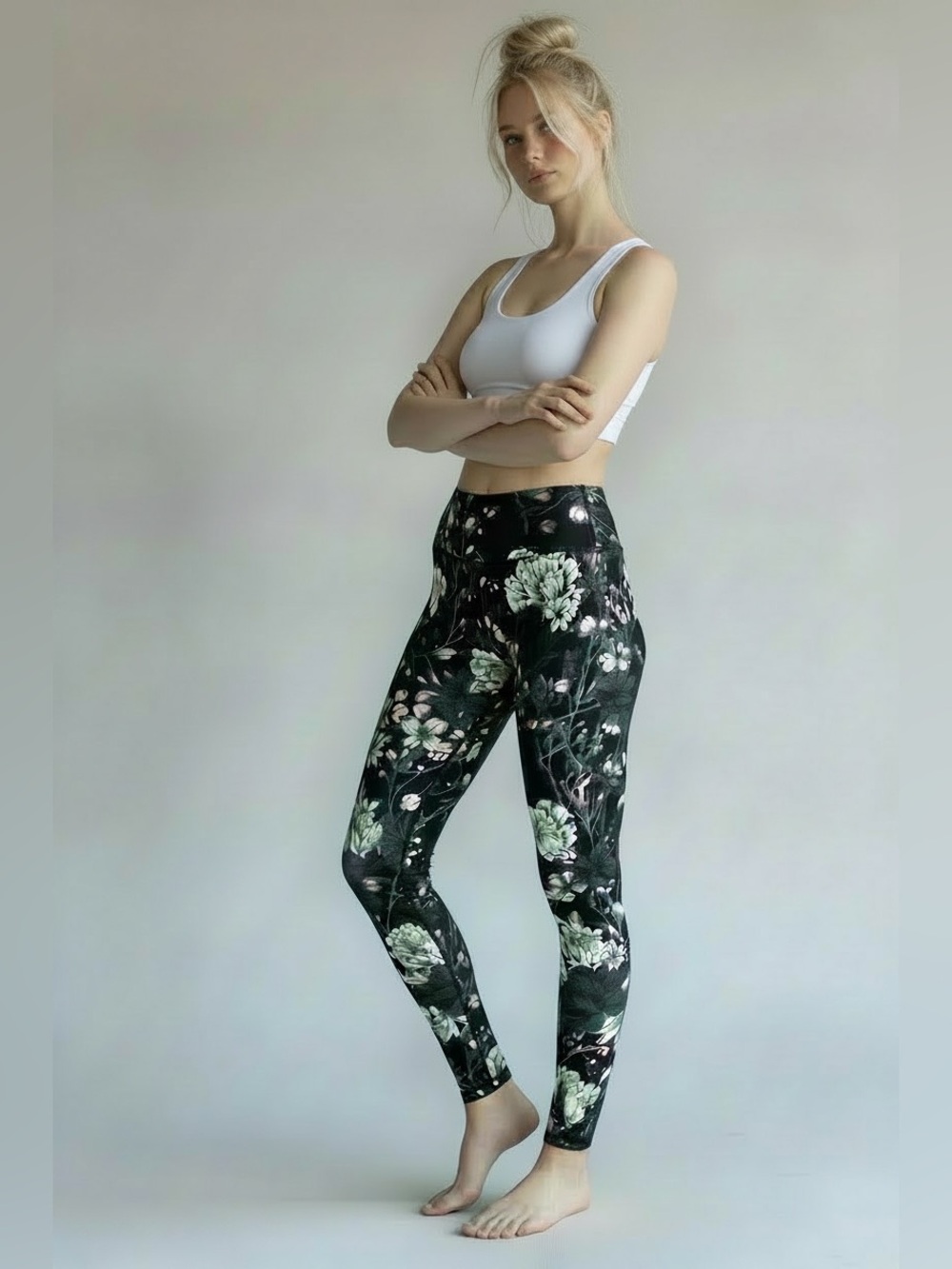 Victoria's Secret Black Floral Leggings with Pink and Cream Blooms